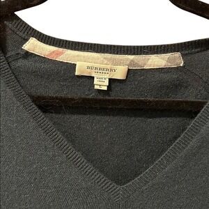 Vintage Burberry London Mens V-Neck Sweater Navy Blue Nova Check Elbow Patches